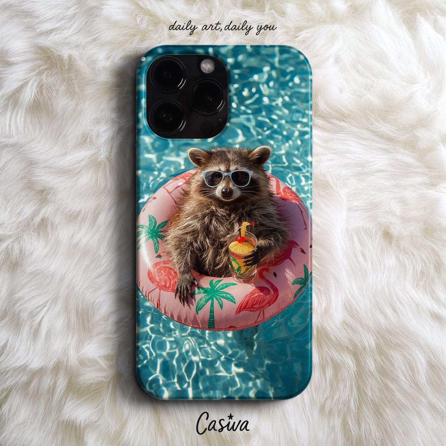 Casiva "Pool Party Raccoon" Tasarım Telefon Kılıfı - Hayvan Tasarımları Serisi